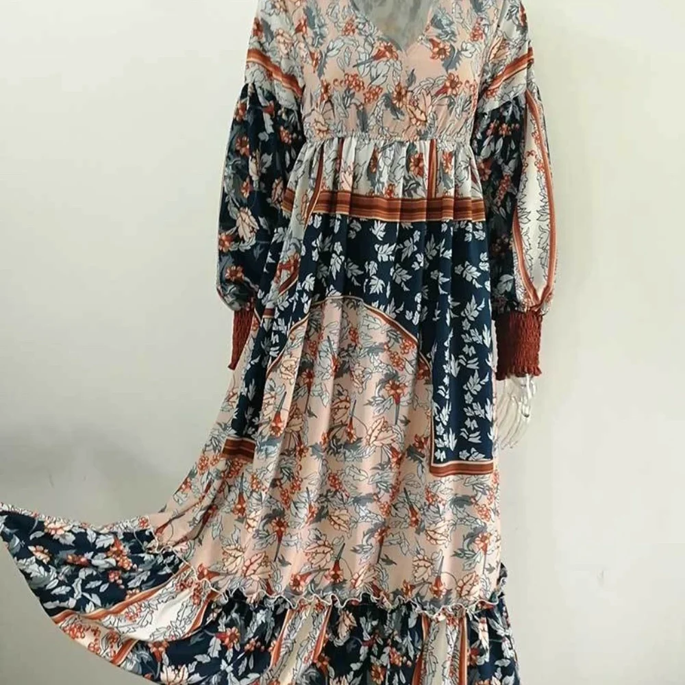 Bohemian Blue Brown Floral Print Midi Dress - Picture 4 of 6